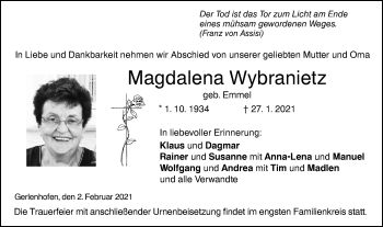 Traueranzeige von Magdalena Wybranietz von SÜDWEST PRESSE Ausgabe Ulm/Neu-Ulm