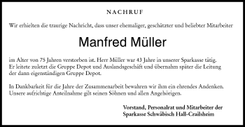 Traueranzeige von Manfred Müller von Hohenloher Tagblatt