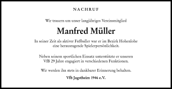 Traueranzeige von Manfred Müller von Hohenloher Tagblatt