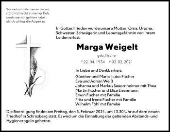 Traueranzeige von Marga Weigelt von Hohenloher Tagblatt