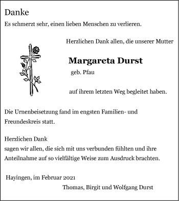 Traueranzeige von Margareta Durst von Alb-Bote/Metzinger-Uracher Volksblatt