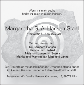 Traueranzeige von Margaretha S. A. Hansen-Staal von SÜDWEST PRESSE Ausgabe Ulm/Neu-Ulm