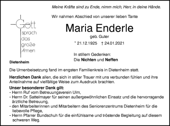 Traueranzeige von Maria Enderle von Illertal Bote