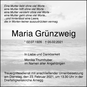 Traueranzeige von Maria Grünzweig von SÜDWEST PRESSE Ausgabe Ulm/Neu-Ulm