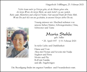 Traueranzeige von Maria Stehle von Metzinger-Uracher Volksblatt