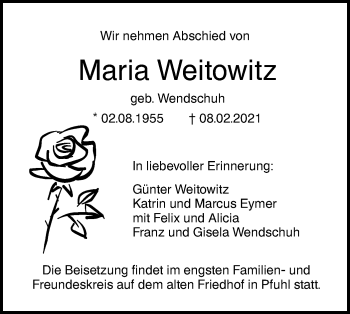 Traueranzeige von Maria Weitowitz von SÜDWEST PRESSE Ausgabe Ulm/Neu-Ulm