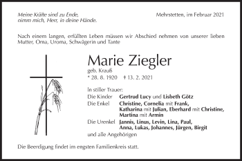 Traueranzeige von Marie Ziegler von Alb-Bote/Metzinger-Uracher Volksblatt