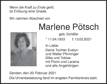 Traueranzeige von Marlene Pötsch von SÜDWEST PRESSE Ausgabe Ulm/Neu-Ulm