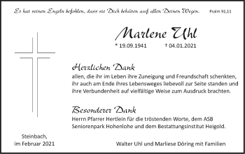 Traueranzeige von Marlene Uhl von Haller Tagblatt