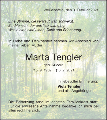 Traueranzeige von Marta Tengler von NWZ Neue Württembergische Zeitung/Geislinger Zeitung