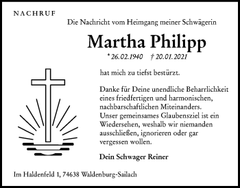 Traueranzeige von Martha Philipp von Haller Tagblatt