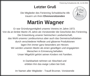 Traueranzeige von Martin Wagner von Alb-Bote/Metzinger-Uracher Volksblatt