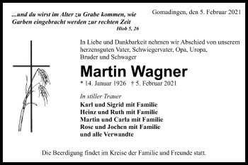 Traueranzeige von Martin Wagner von Alb-Bote/Metzinger-Uracher Volksblatt