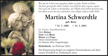 Traueranzeige von Martina Schwerdtle von SÜDWEST PRESSE Ausgabe Ulm/Neu-Ulm