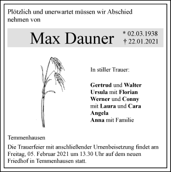 Traueranzeige von Max Dauner von SÜDWEST PRESSE Ausgabe Ulm/Neu-Ulm