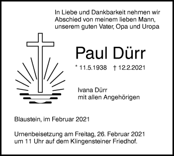 Traueranzeige von Paul Dürr von SÜDWEST PRESSE Ausgabe Ulm/Neu-Ulm