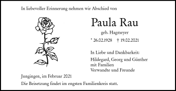 Traueranzeige von Paula Rau von SÜDWEST PRESSE Ausgabe Ulm/Neu-Ulm