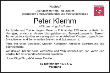 Traueranzeige von Peter Klemm von Illertal Bote