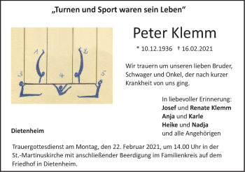 Traueranzeige von Peter Klemm von Illertal Bote