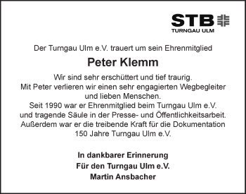 Traueranzeige von Peter Klemm von SÜDWEST PRESSE Ausgabe Ulm/Neu-Ulm