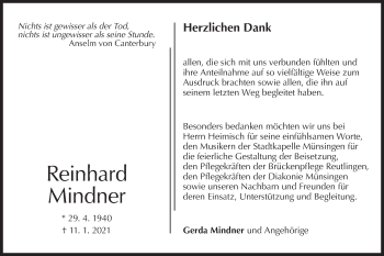 Traueranzeige von Reinhard Mindner von Alb-Bote/Metzinger-Uracher Volksblatt