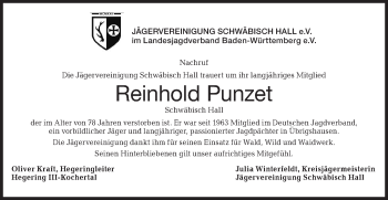 Traueranzeige von Reinhold Punzet von Haller Tagblatt