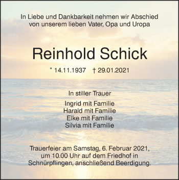 Traueranzeige von Reinhold Schick von SÜDWEST PRESSE Ausgabe Ulm/Neu-Ulm