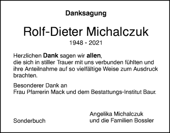 Traueranzeige von Rolf-Dieter Michalczuk von SÜDWEST PRESSE Ausgabe Ulm/Neu-Ulm