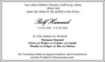 Traueranzeige von Rolf Hummel von SÜDWEST PRESSE Ausgabe Ulm/Neu-Ulm