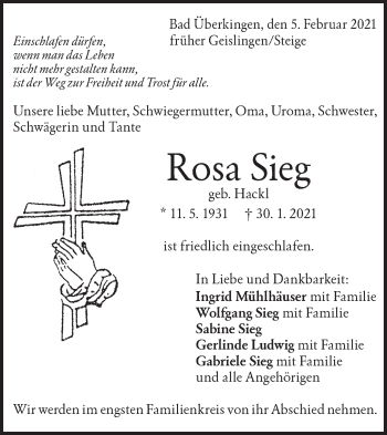 Traueranzeige von Rosa Sieg von Geislinger Zeitung