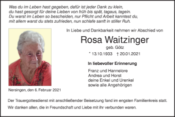 Traueranzeige von Rosa Waitzinger von SÜDWEST PRESSE Ausgabe Ulm/Neu-Ulm