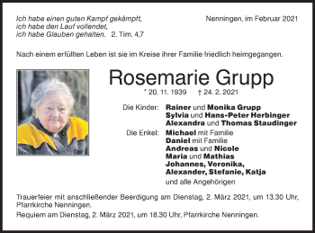 Traueranzeige von Rosemarie Grupp von NWZ Neue Württembergische Zeitung