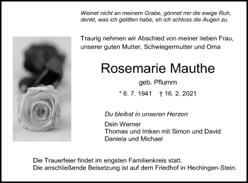 Traueranzeige von Rosemarie Mauthe von Metzinger-Uracher Volksblatt