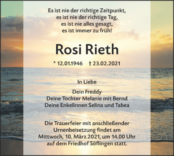 Traueranzeige von Rosi Rieth von SÜDWEST PRESSE Ausgabe Ulm/Neu-Ulm