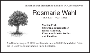 Traueranzeige von Rosmarie Wahl von Rundschau Gaildorf