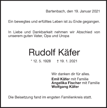 Traueranzeige von Rudolf Käfer von NWZ Neue Württembergische Zeitung