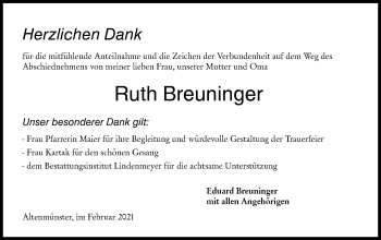 Traueranzeige von Ruth Breuninger von Hohenloher Tagblatt