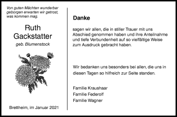 Traueranzeige von Ruth Gackstatter von Hohenloher Tagblatt