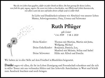 Traueranzeige von Ruth Pflüger von Hohenloher Tagblatt