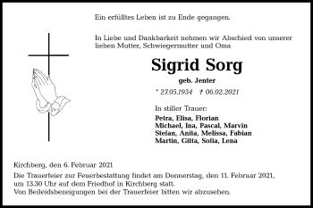 Traueranzeige von Sigrid Sorg von Hohenloher Tagblatt