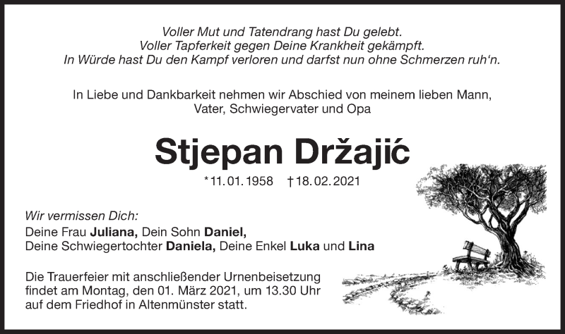  Traueranzeige für Stjepan Držajic vom 23.02.2021 aus Hohenloher Tagblatt