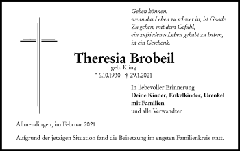 Traueranzeige von Theresia Brobeil von Ehinger Tagblatt