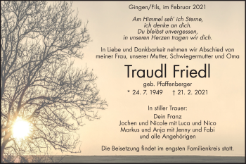 Traueranzeige von Traudl Friedl von Geislinger Zeitung