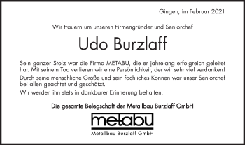 Traueranzeige von Udo Burzlaff von Geislinger Zeitung