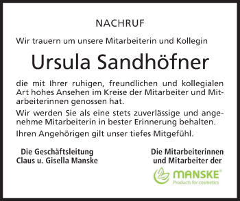 Traueranzeige von Ursula Sandhöfner von Haller Tagblatt