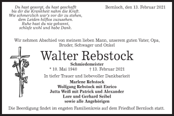 Traueranzeige von Walter Rebstock von Alb-Bote/Metzinger-Uracher Volksblatt