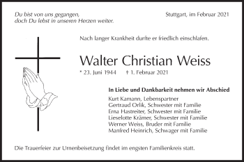 Traueranzeige von Walter Christian Weiss von Alb-Bote/Metzinger-Uracher Volksblatt