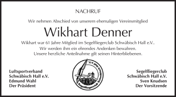 Traueranzeige von Wikhart Denner von Haller Tagblatt