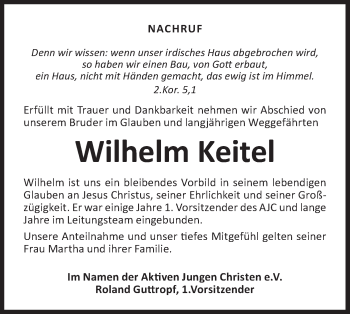 Traueranzeige von Wilhelm Keitel von Hohenloher Tagblatt