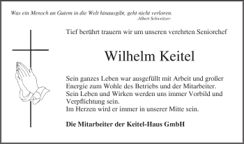 Traueranzeige von Wilhelm Keitel von Hohenloher Tagblatt